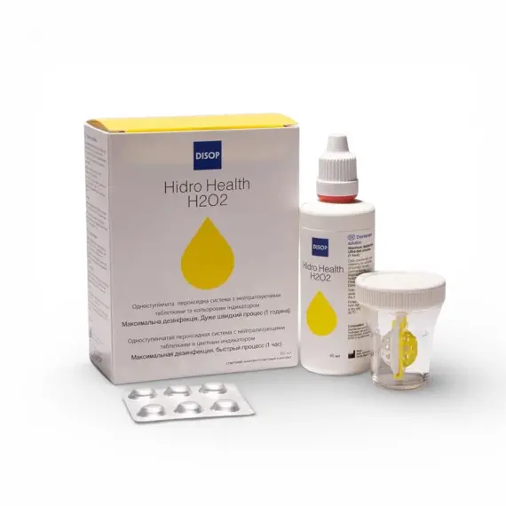 Пероксидна система для контактних лінз Disop Hidro Health H2O2 (60 мл + 6 табл / 360 мл + 36 табл) + контейнер